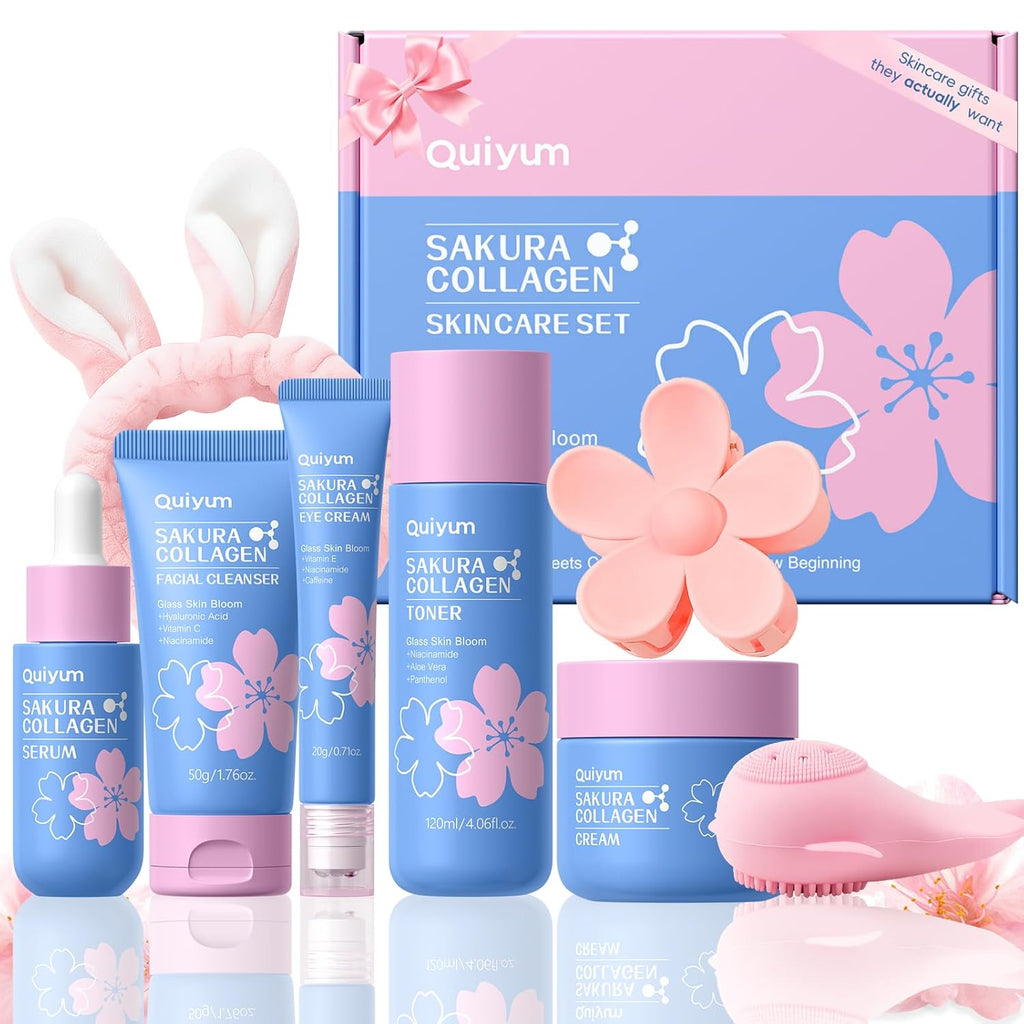 Sakura Collagen Skincare Set - 8-Piece Glass Skin Routine with Cleanser, Toner, Serum, Eye Cream, Moisturizer |
