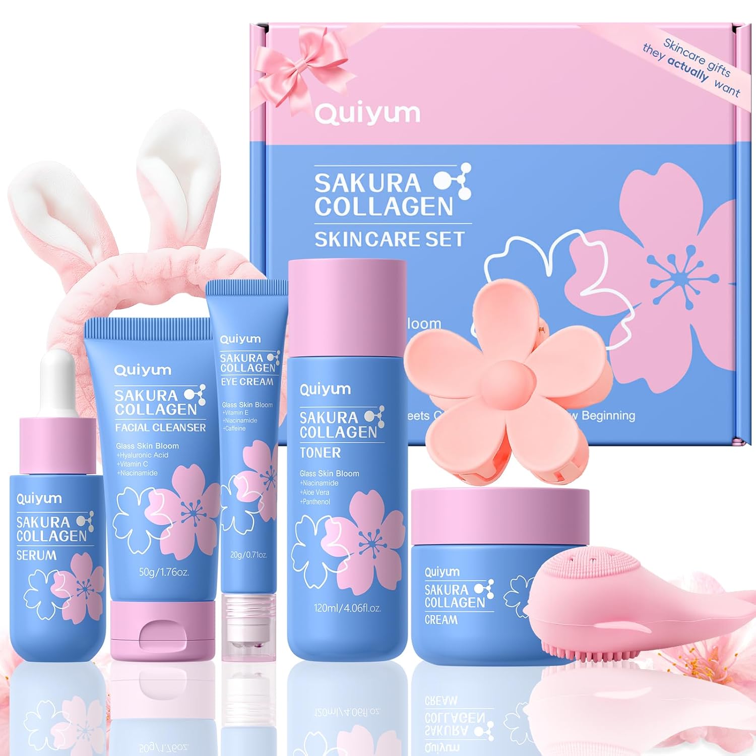 Sakura Collagen Skincare Set - 8-Piece Glass Skin Routine with Cleanser, Toner, Serum, Eye Cream, Moisturizer |
