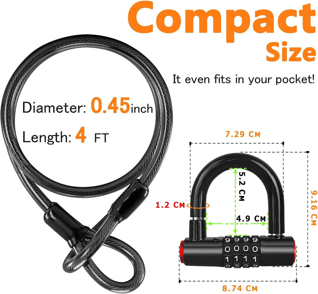 Security Cable Lock Set (4 Digital Combination U-Lock & 4 ft x 1/2" Flexible Steel Sealed Looped Ends Cable),Heavy