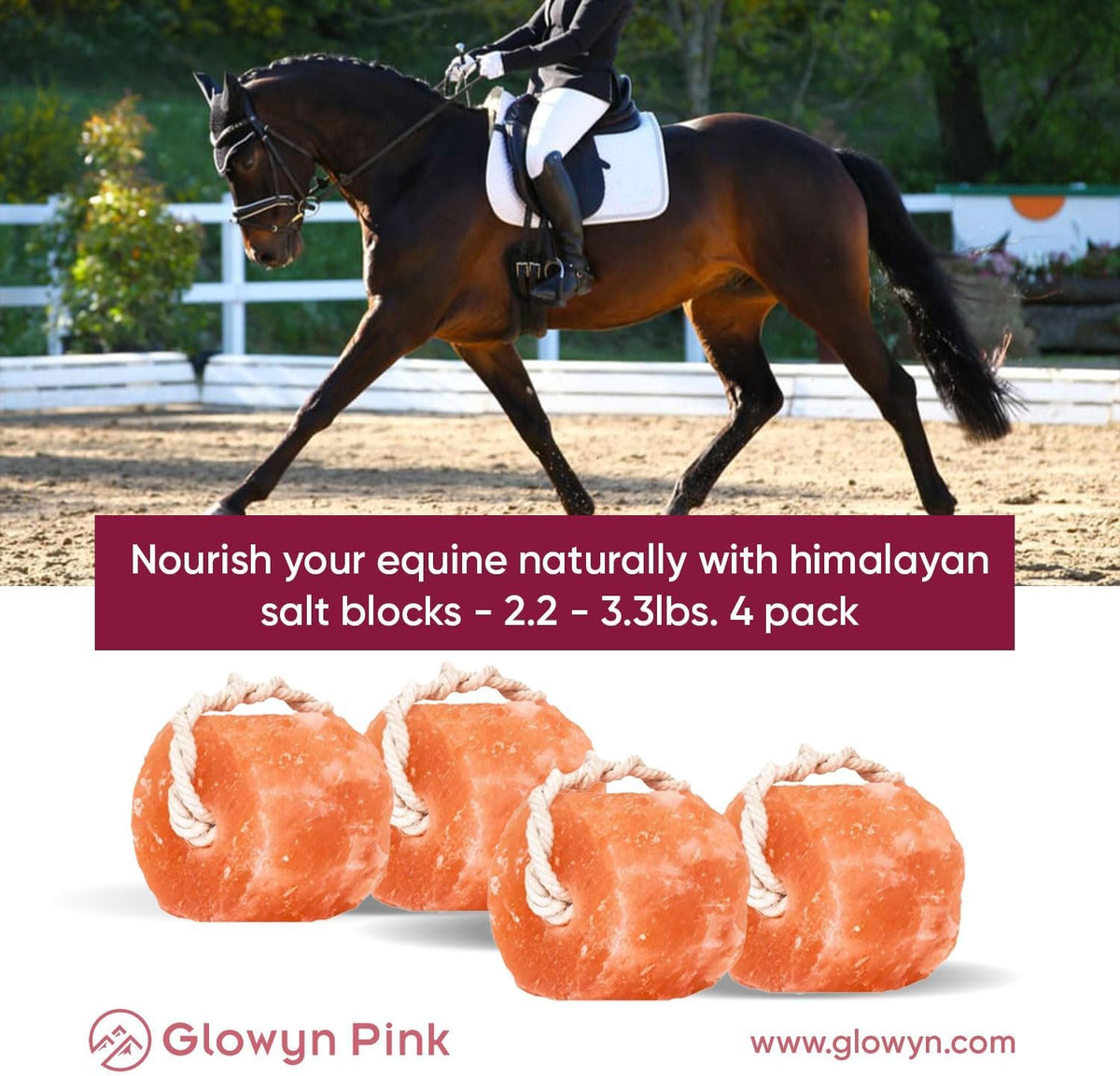 Himalayan Mineral Salt Block on Rope Pack of 4 (3lbs each) – 100% Organic Pink Salt Lick for Horses and Livestock.