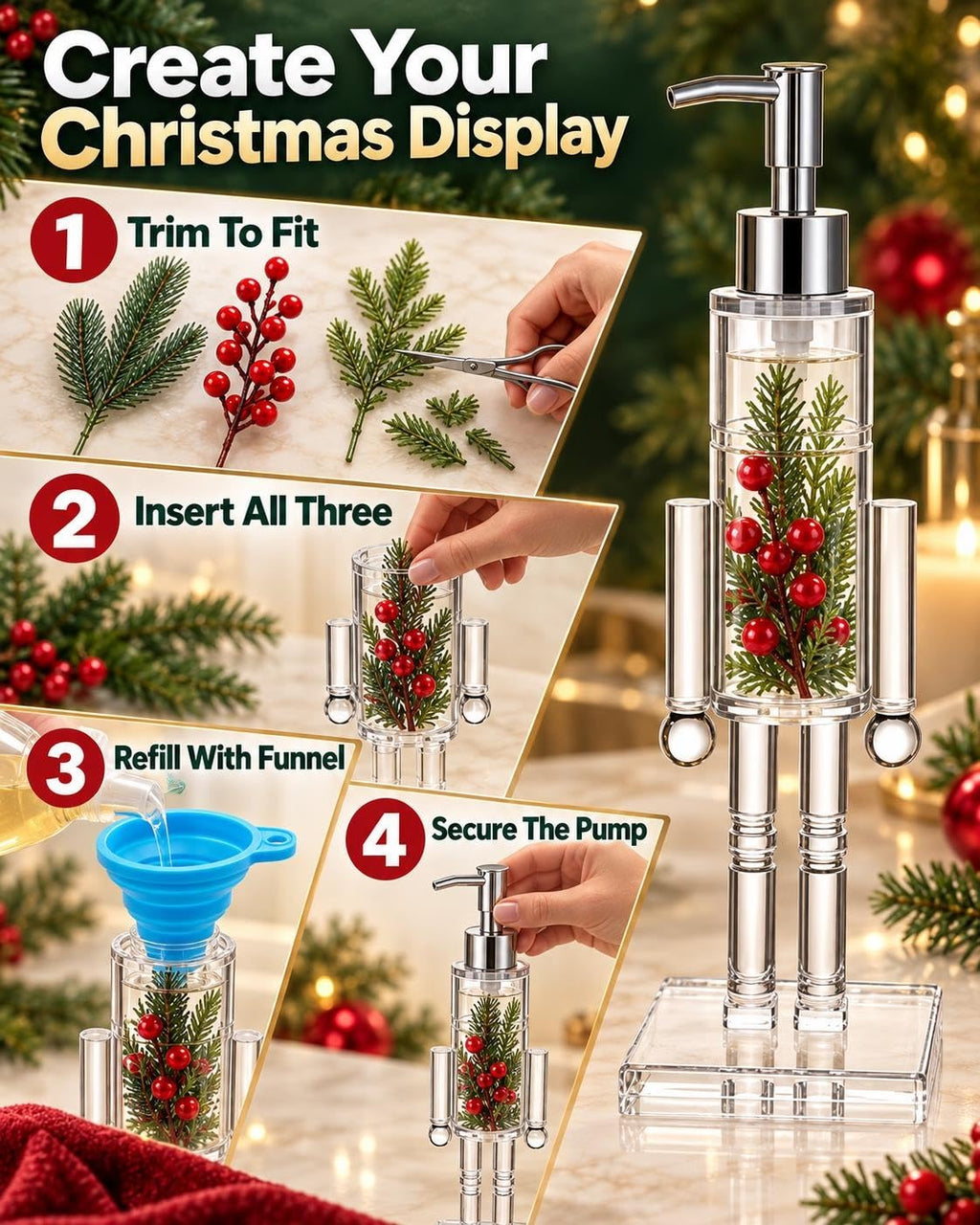 Nutcracker Soap Dispenser Clear Christmas Pump Bottle with Funnel Berries