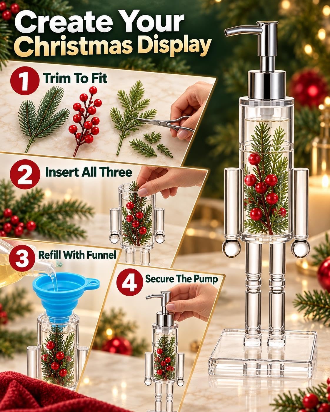 Nutcracker Soap Dispenser Clear Christmas Pump Bottle with Funnel Berries