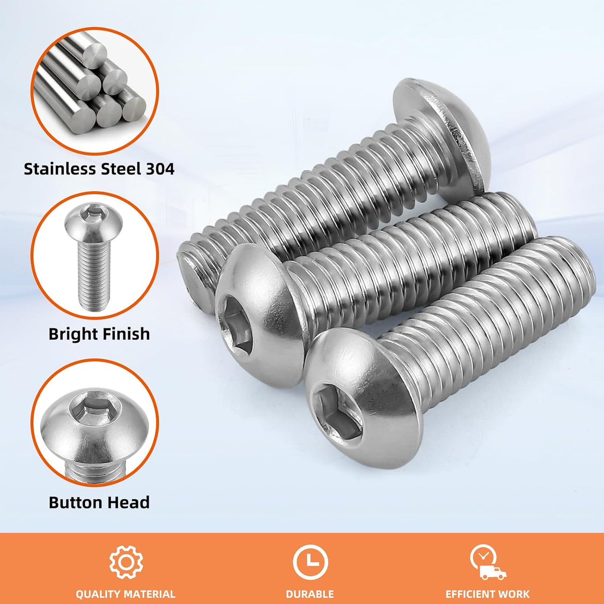 M8-1.25 x 16mm Button Head Socket Cap Screws, Stainless Steel 18-8, Bright Finish, Fully Threaded, Allen Socket Drive, 50 PCS