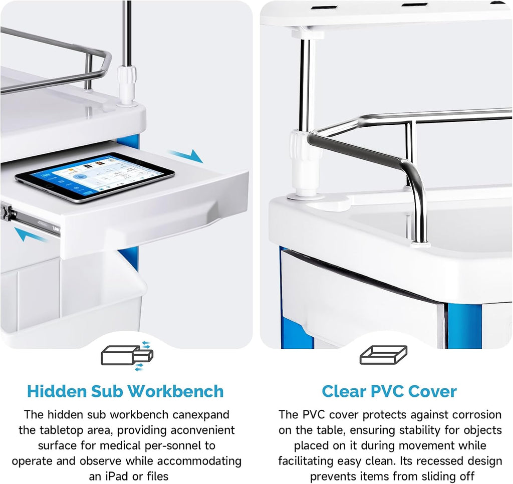 Crash Cart Medical ABS Material, Medical Cart with Drawers, Adjustable IV Pole, Silent Casters, Trash Bins, O2