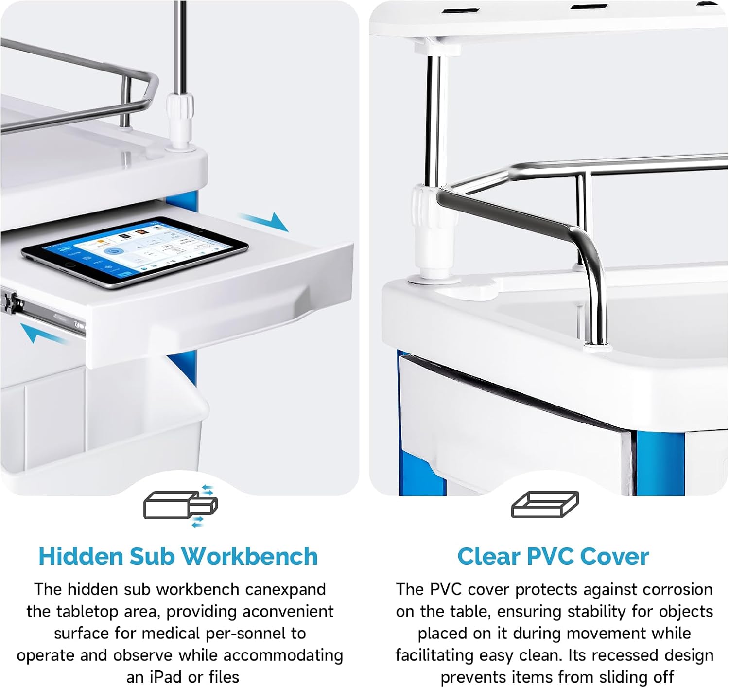 Crash Cart Medical ABS Material, Medical Cart with Drawers, Adjustable IV Pole, Silent Casters, Trash Bins, O2