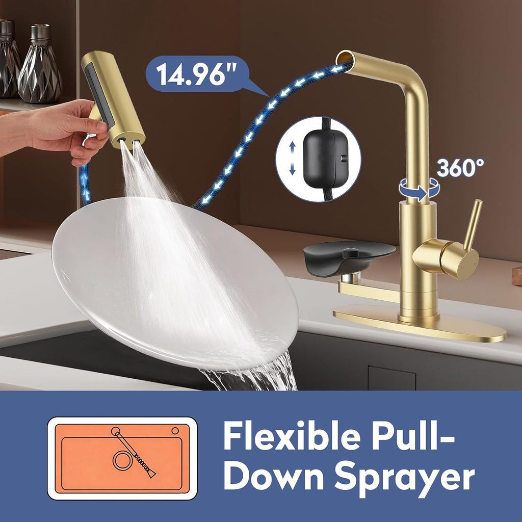 Pull Down Kitchen Faucet with Glass Rinser (Brushed Gold)
