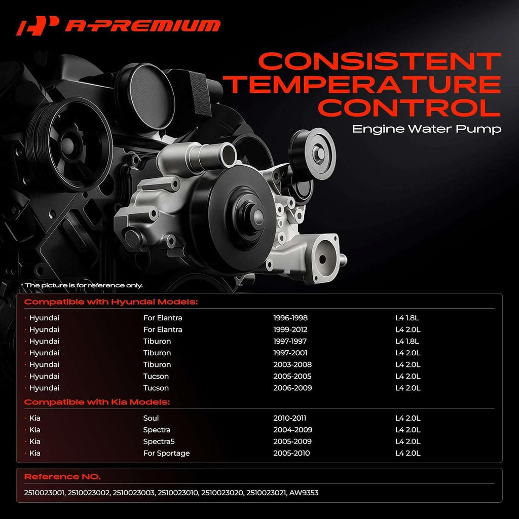 A-Premium Engine Water Pump with Gasket Compatible with Hyundai Elantra 1996-2012, Tiburon 1997-2001/2003-2008, Tucson 2005-2009 & Kia Soul 2010-2011, Spectra 2004-2009, Spectra5 05-09, 1.8L 2.0L DOHC