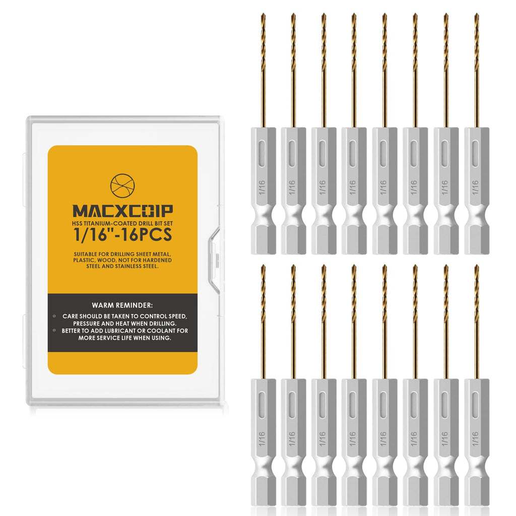 MACXCOIP 16Pcs 1/16" Hex Shank Titanium Twist Drill Bit Set