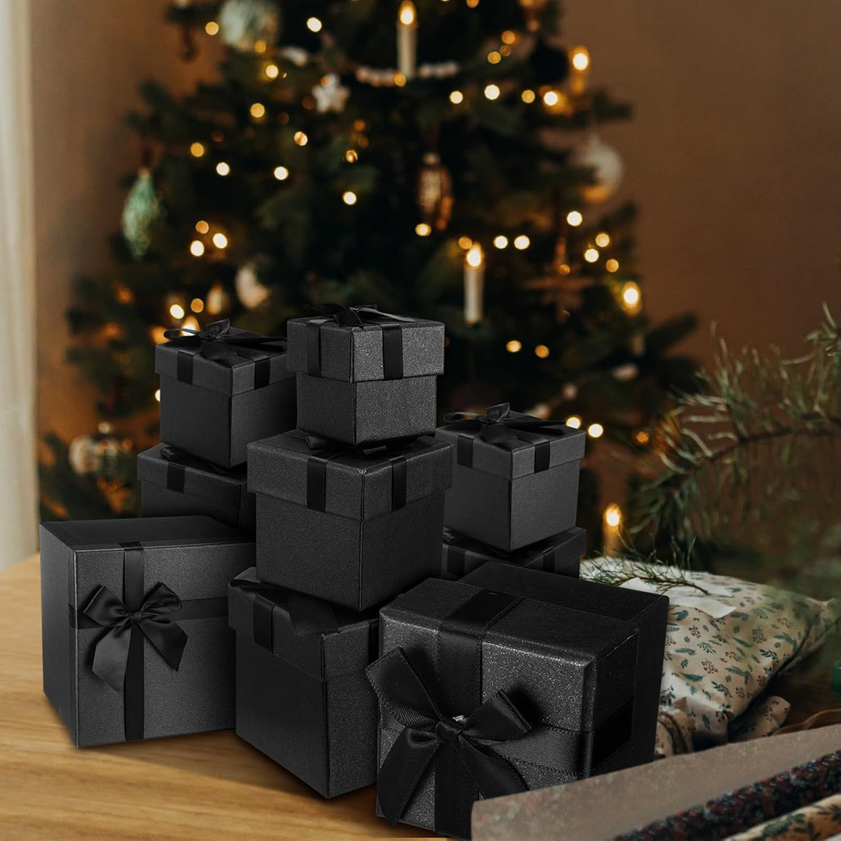 10 Pcs Xmas Gift Box with Lid Bow,Black,10 Size