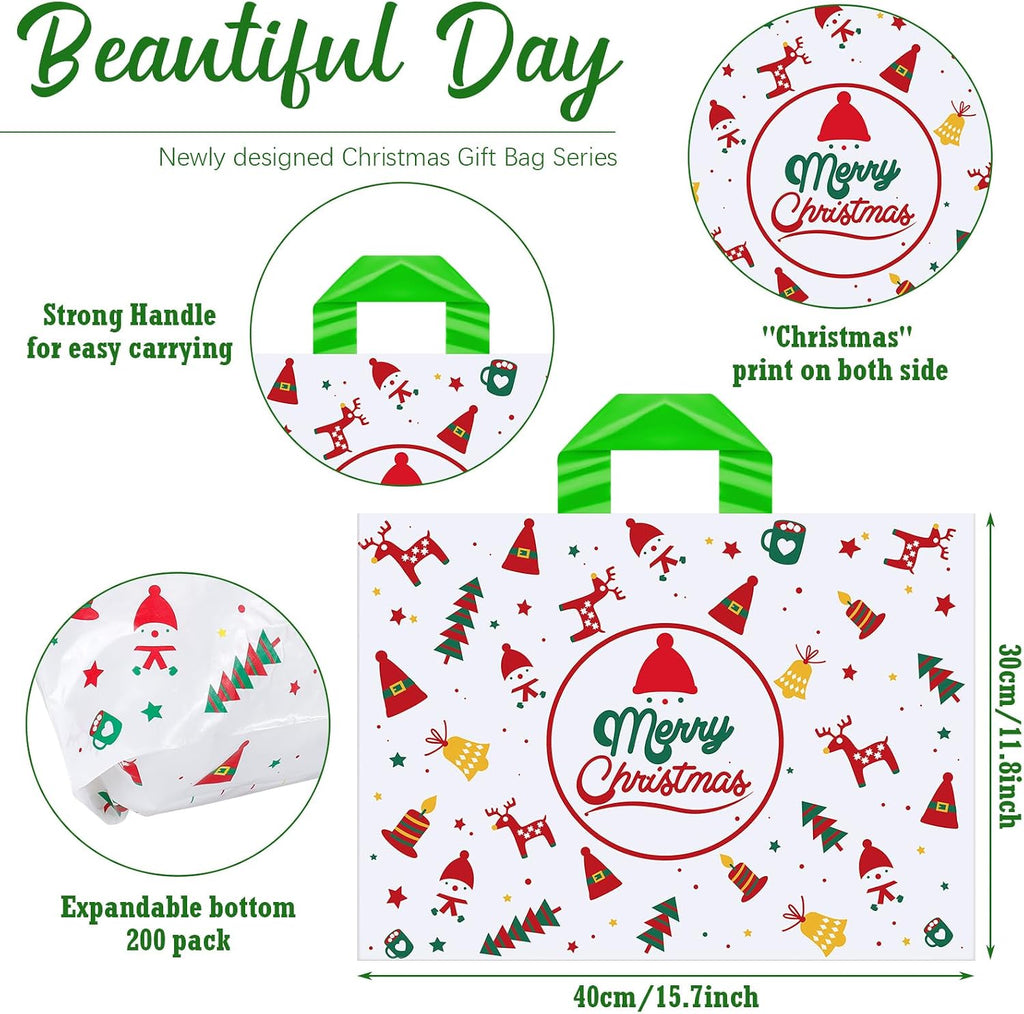 200 Pcs Large Christmas Gift Bags Plastic with Handles Reusable