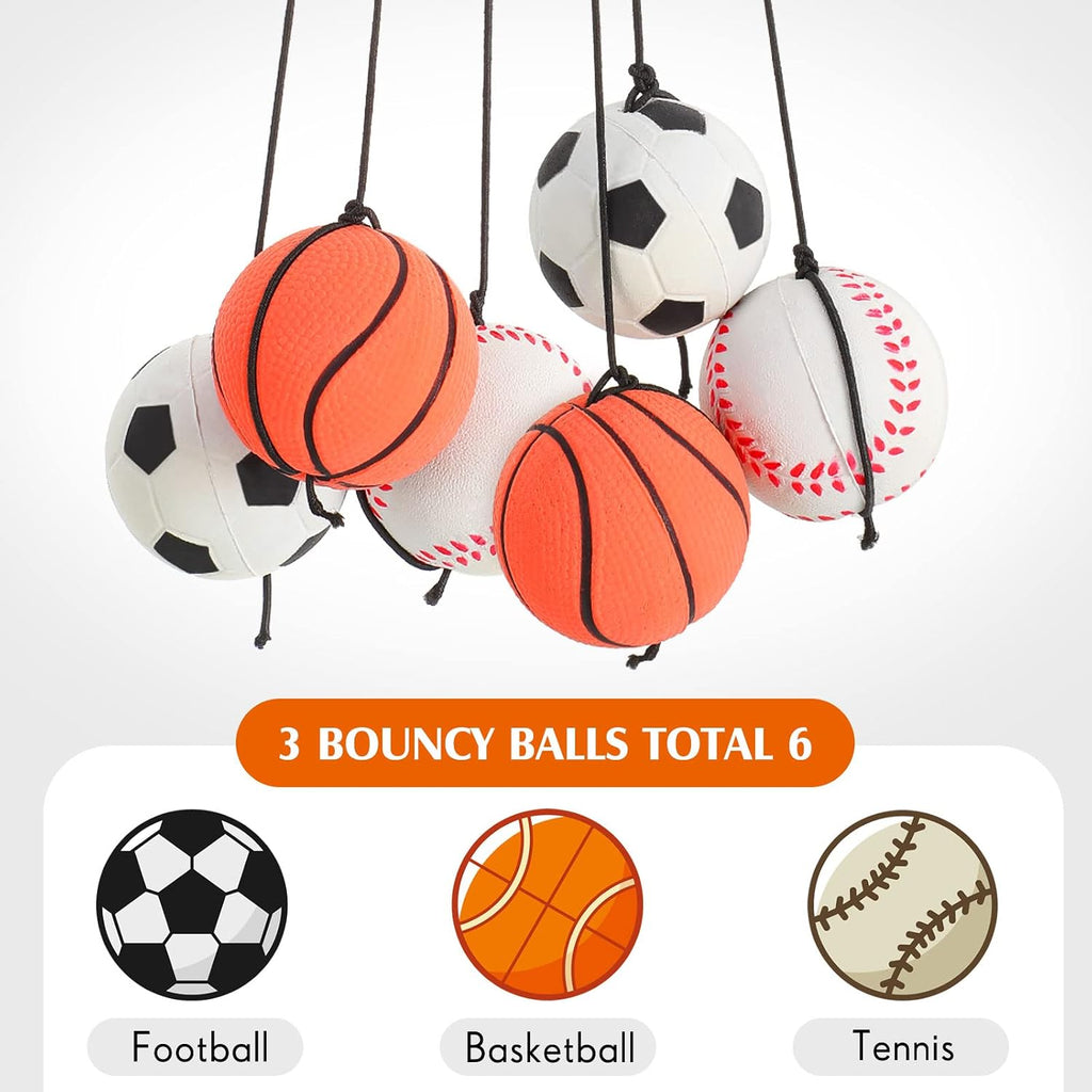 6 Pcs Wrist Return Ball on a String 2.48 Inch Rebound Sport Balls with Elastic Strap Soccer Basketball Baseball