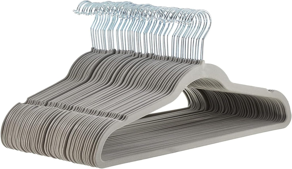 Slim Velvet Non-Slip Space Saving Suit Clothes Hangers, Closet Organizer, Gray/Silver, 50-Pack