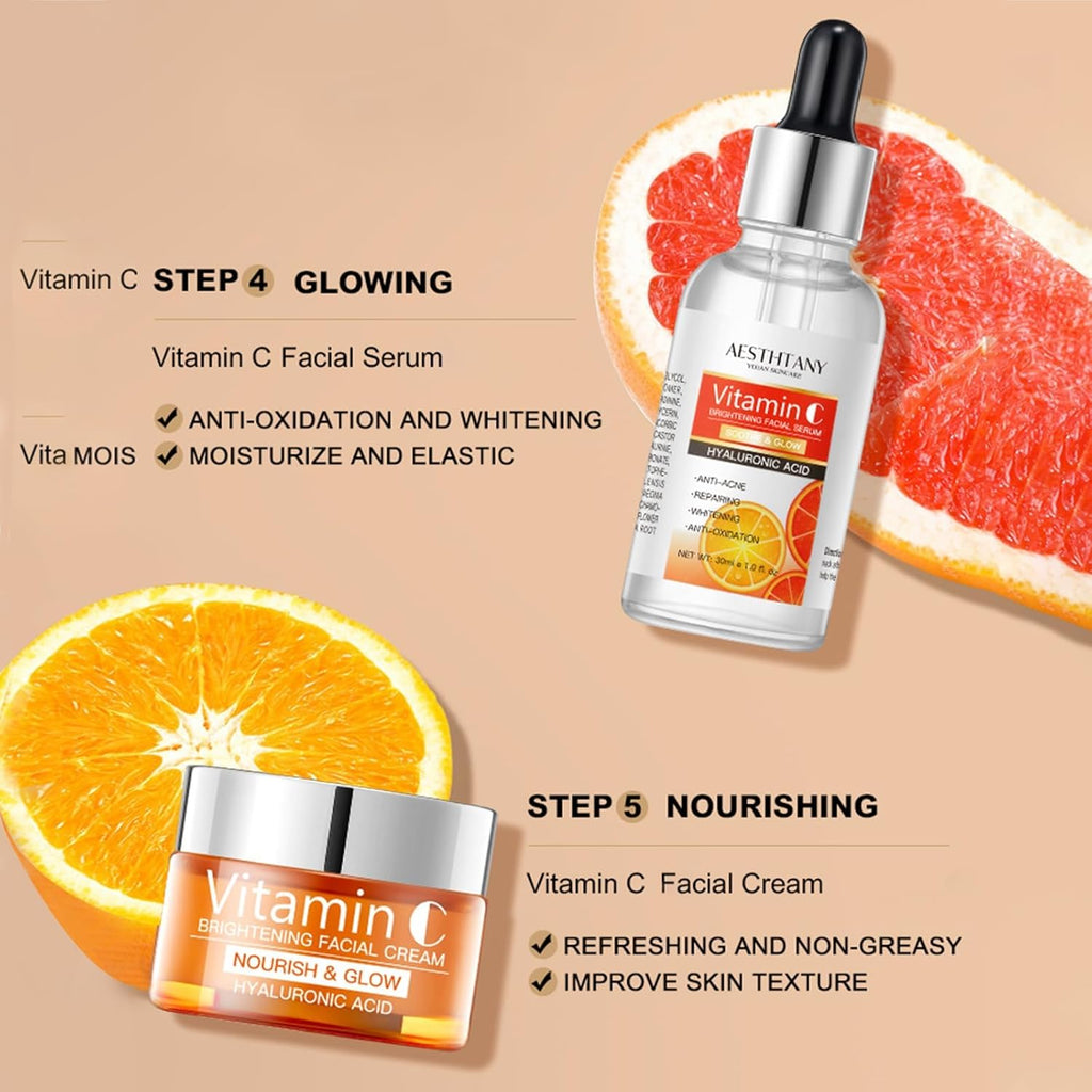 Vitamin C Skin Care Set For Women , 5-In-1 Moisturizing Hyaluronic Acid Skin Care Routine with Facial Cleanser