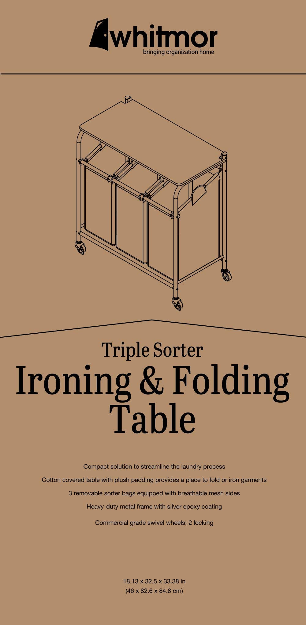 3 Section Rolling Laundry Sorter with Folding Station - Ironing Board, Chrome / Gray
