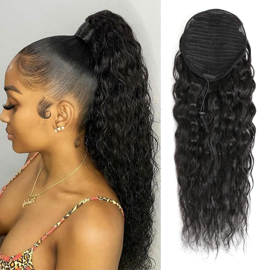 100% Human Hair Drawstring Ponytail Extension Water Wave in Natural Color 1B Corn Wave Ponytail Clip in Extensions