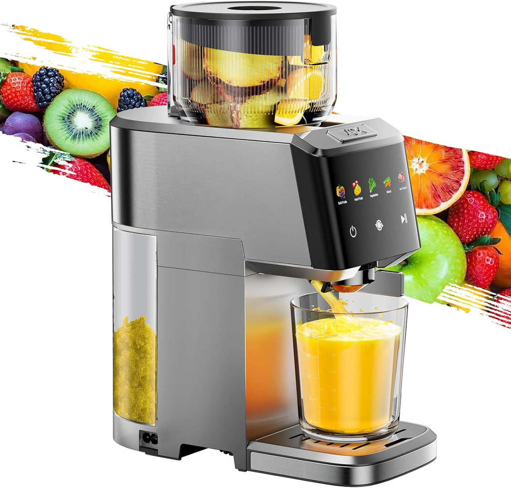 Cold Press Juicer - Large 5.12" Feed Chute, Easy to Clean Slow Masticating for Nutrient Retention Quiet Motor -Silver