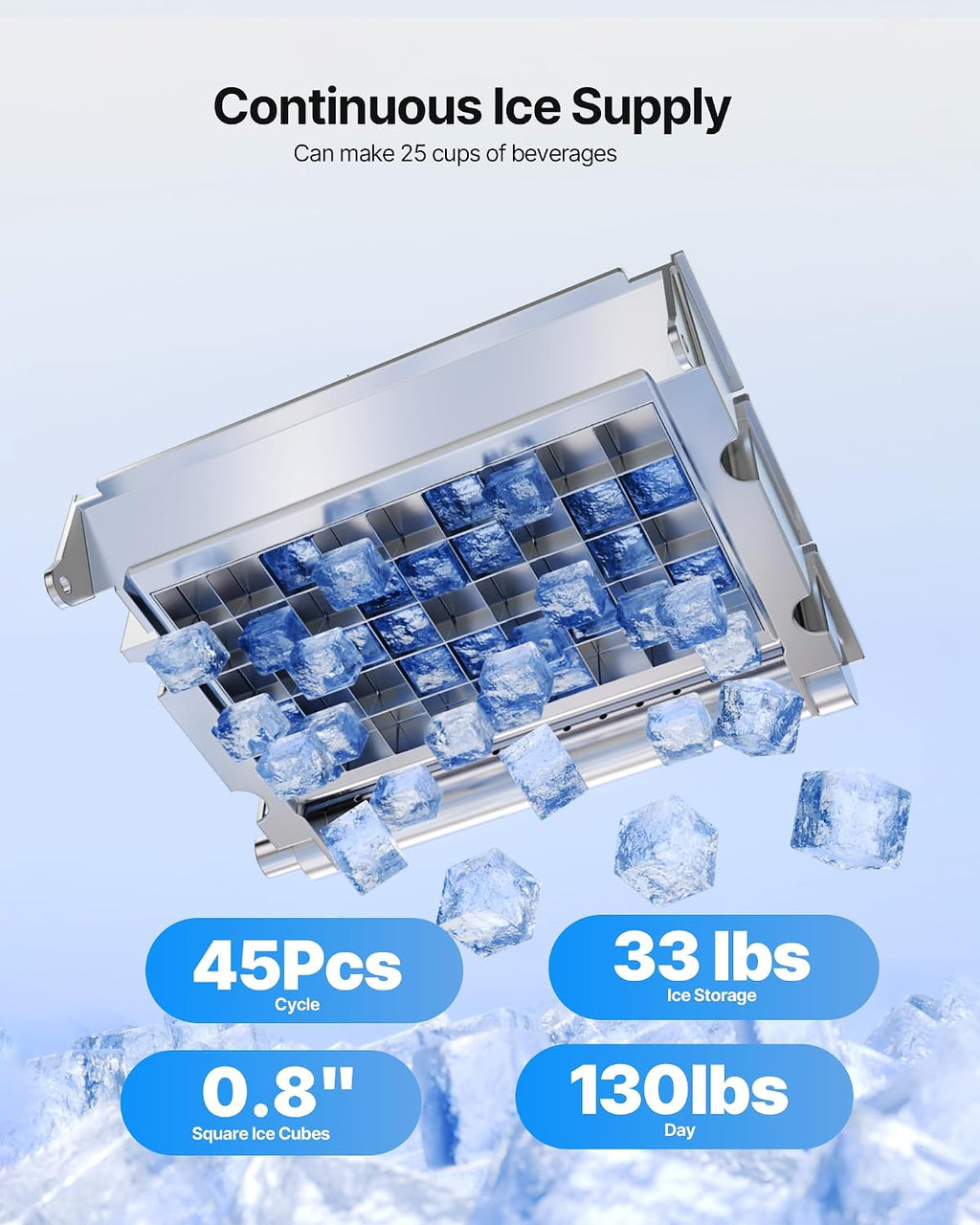 Commercial Ice Maker Machine with Pump, 130Lbs/24H with 33Lbs Storage, 45 Cubes per Cycle, Freestanding & Under