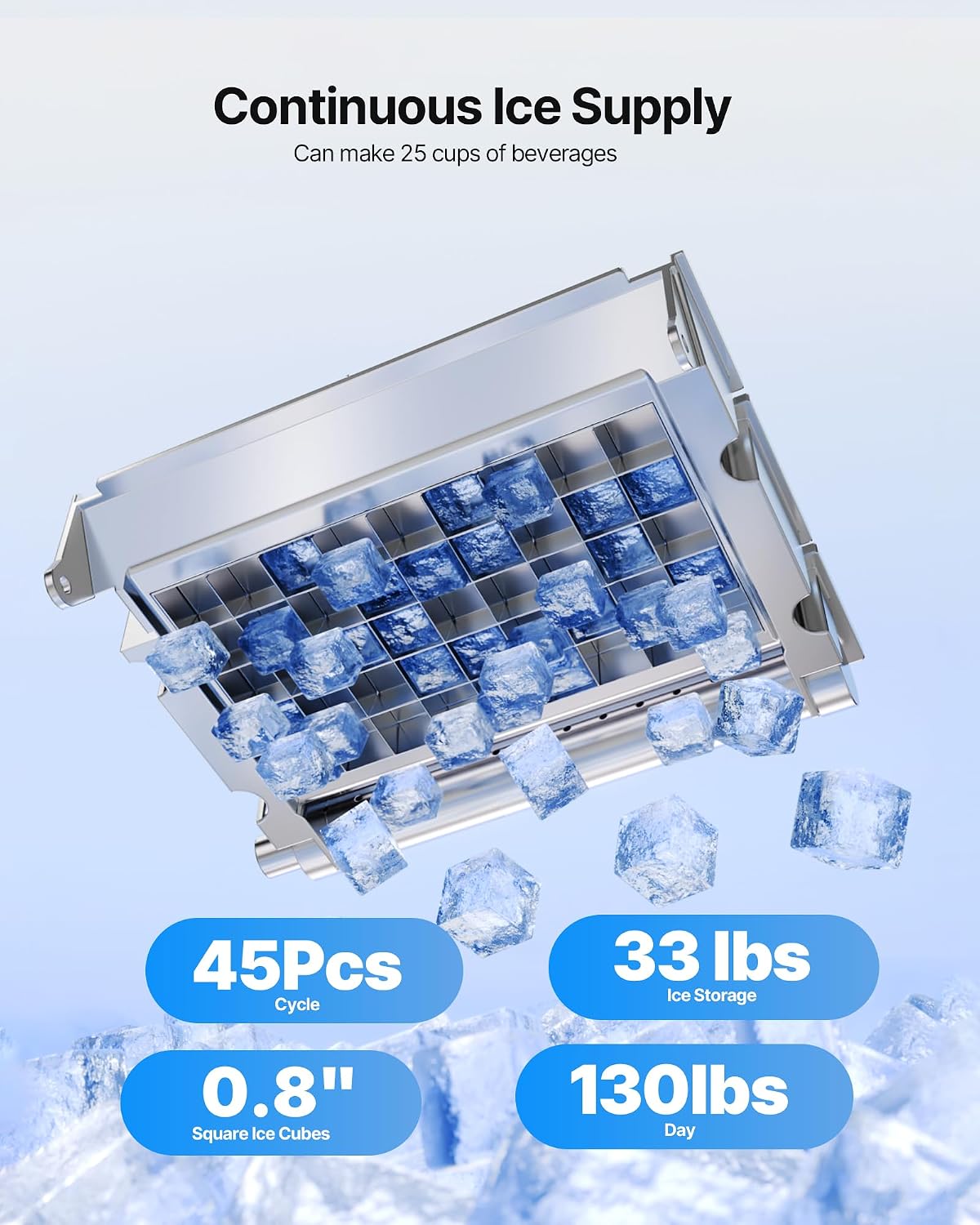 Commercial Ice Maker Machine with Pump, 130Lbs/24H with 33Lbs Storage, 45 Cubes per Cycle, Freestanding & Under