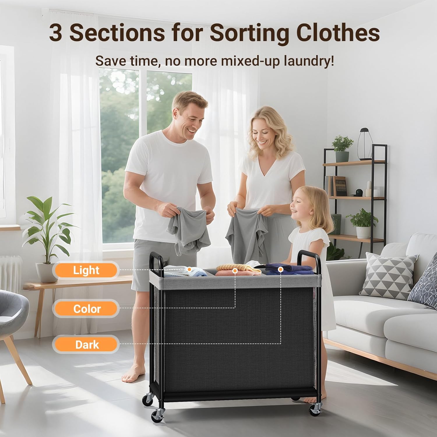 Laundry Hamper 3 Section, 120L Rolling Laundry Sorter with Wheels | Removable Washable Liner Bags, Sturdy Steel Frame