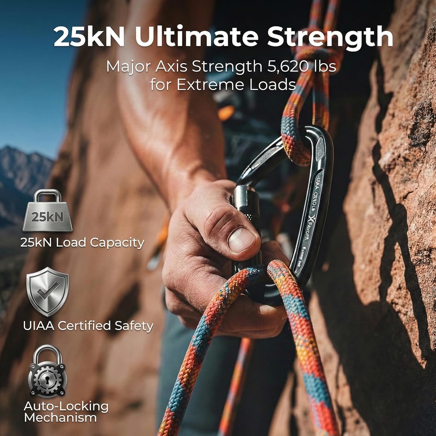 25kN Heavy Duty Climbing Carabiner - UIAA Certified Large Auto Locking Clip | Ultra Lightweight 7075 Aluminum Gear