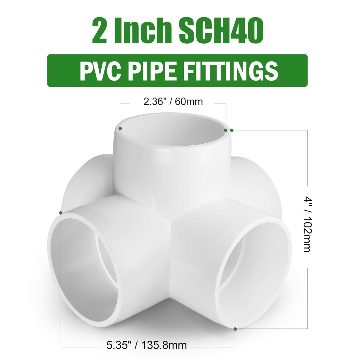 5 Way PVC Fittings 2 Inch - Fits 2" SCH40 PVC Pipe - White, 4pcs