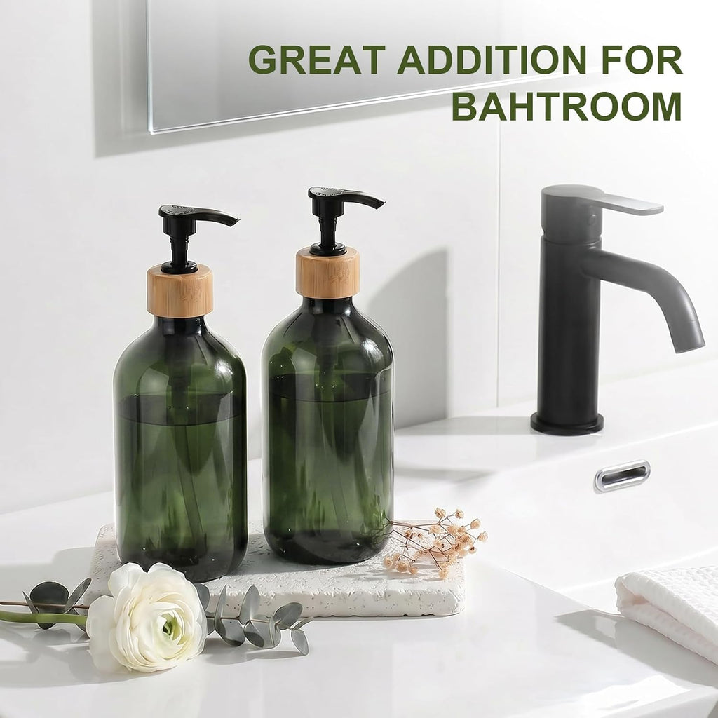 Green Soap Dispenser, Plastic Bathroom Soap and Lotion Dispenser Set with Bamboo Pump, 2 Pack 17 Fl Oz Hand and Dish