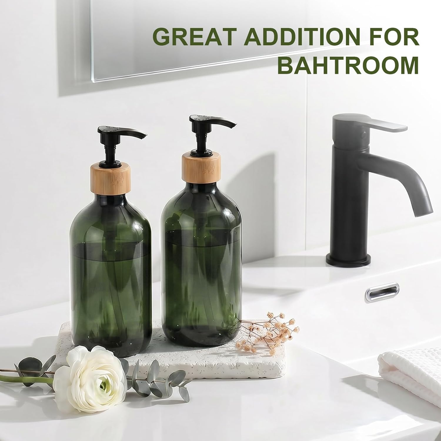 Green Soap Dispenser, Plastic Bathroom Soap and Lotion Dispenser Set with Bamboo Pump, 2 Pack 17 Fl Oz Hand and Dish