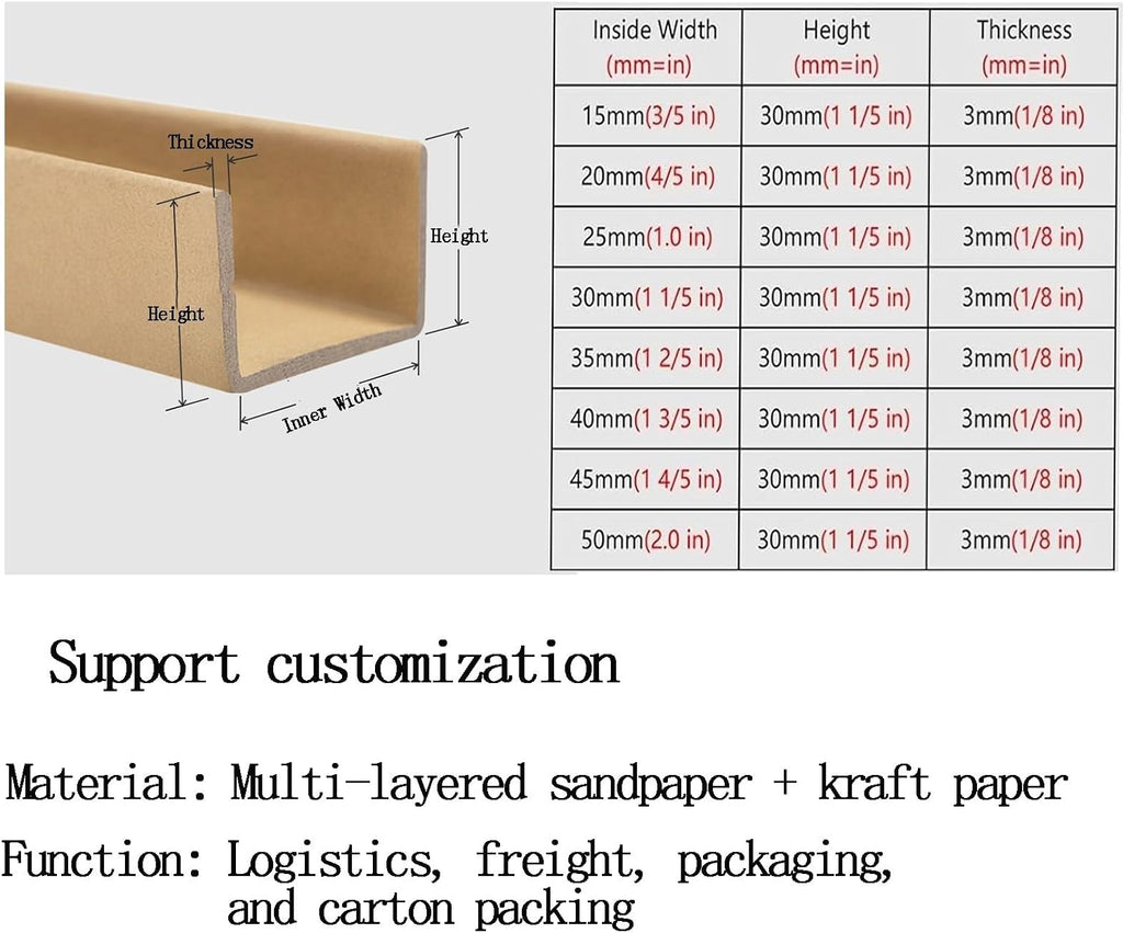 Cardboard Pallet Edge Corner Guard, Cardboard U-Board Reinf Angle Edge Protectors 100-Pack 50cm/20" Shipping Packing