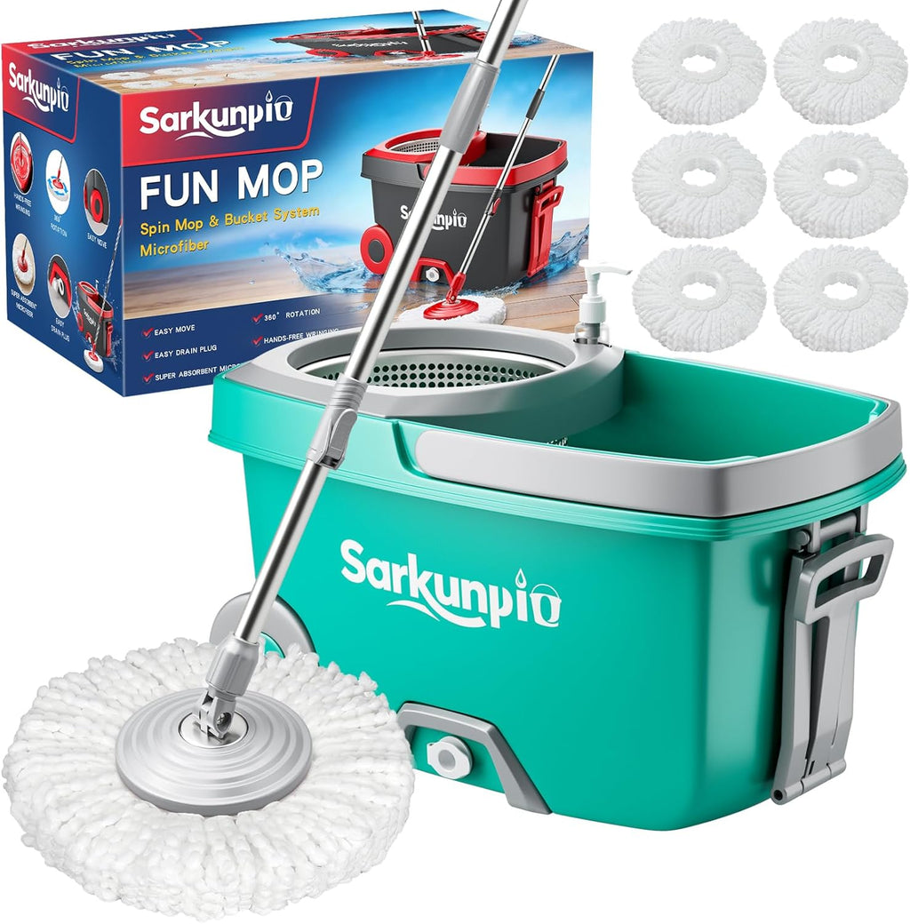 Mop and Bucket Set with Wringer, Spin Mop Floor Cleaning System with 6 Replacement Microfiber Heads & 61" Extra-Long