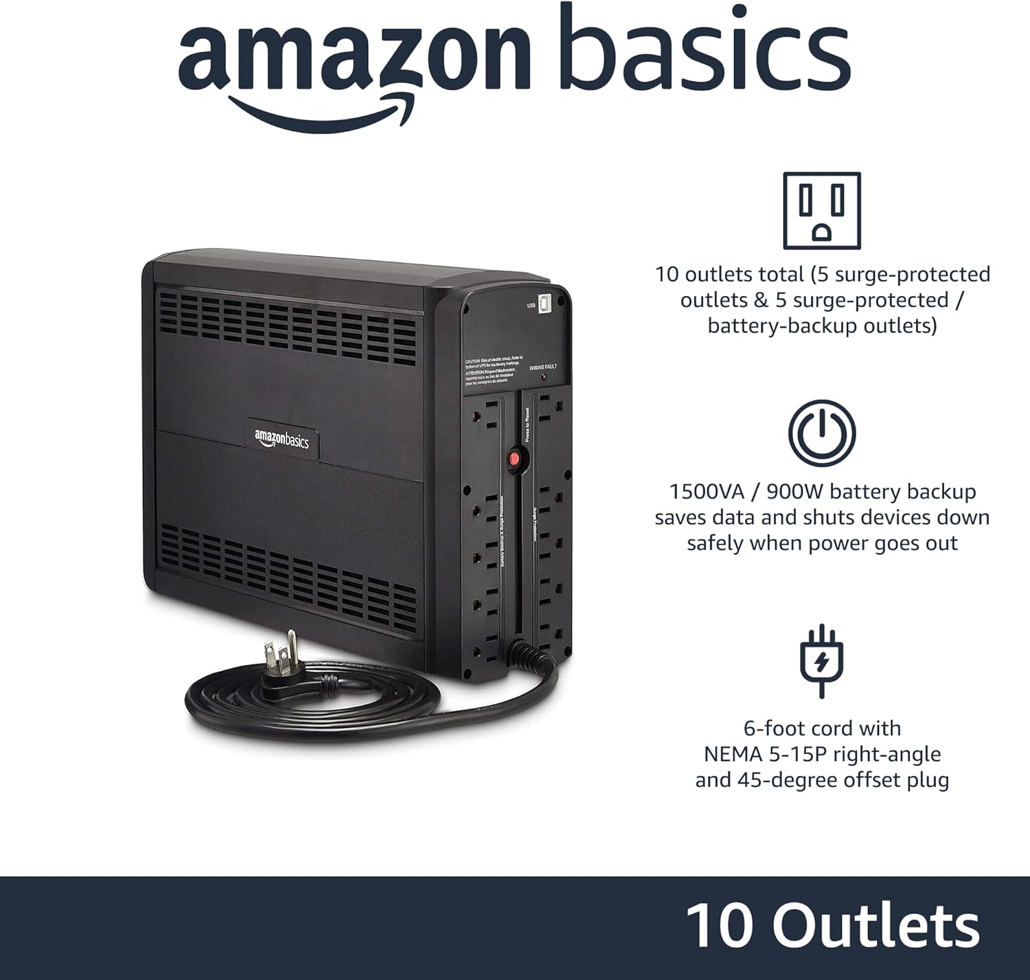 UPS Battery Backup & Surge Protector, 1500VA/900W, 10 Outlets, Line Interactive Uninterruptible Power Supply with