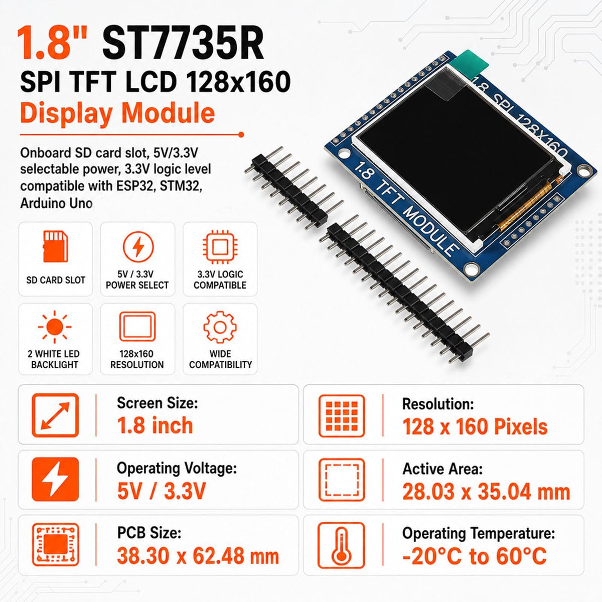 hiBCTR 2-Pack 1.8in ST7735R SPI TFT LCD Display, 128x160