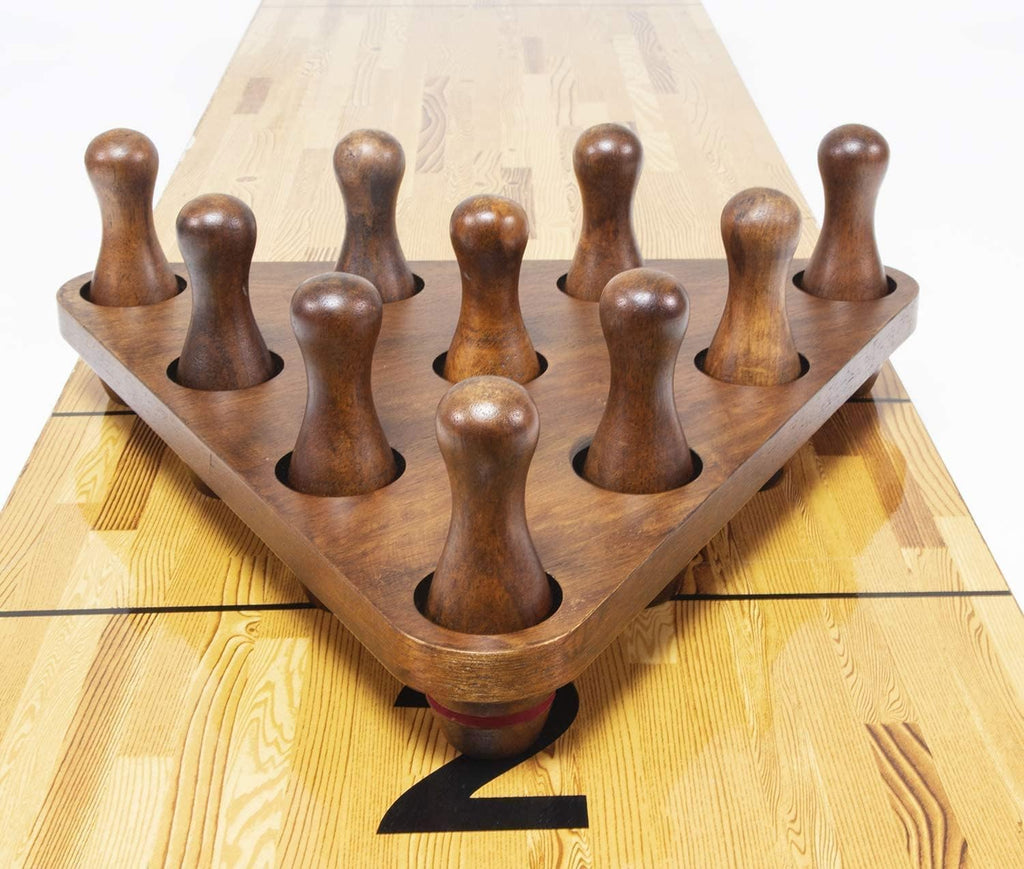 Shuffleboard Bowling Pin Set with 10 Pcs Premium Hardwood Bowling Pins Durabel Triangular Pinsetter Resin Bowling