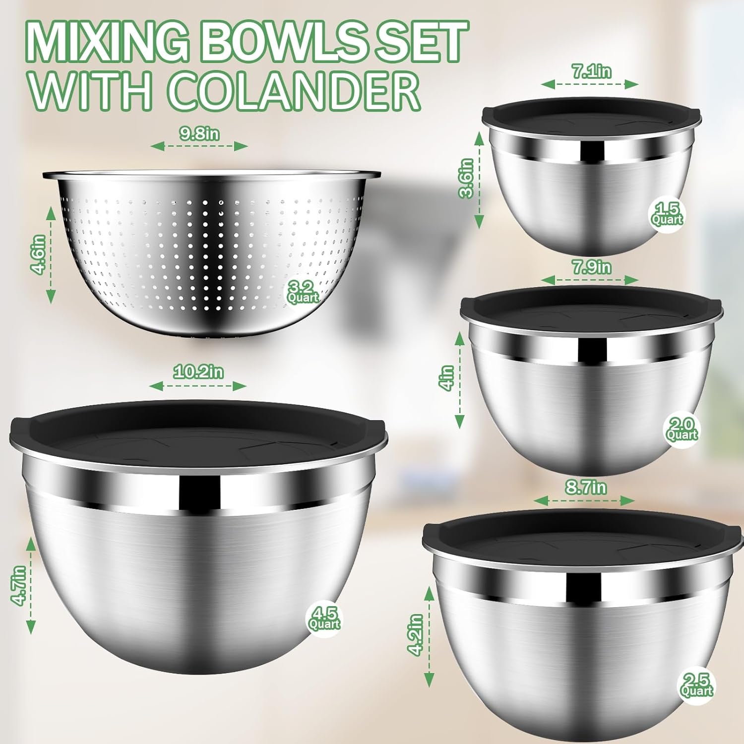 Mixing Bowls with Lids Set, Stainless Steel Mixing Bowls with Colander, Strainer with Mixing Bowl Set, Serving Bowl