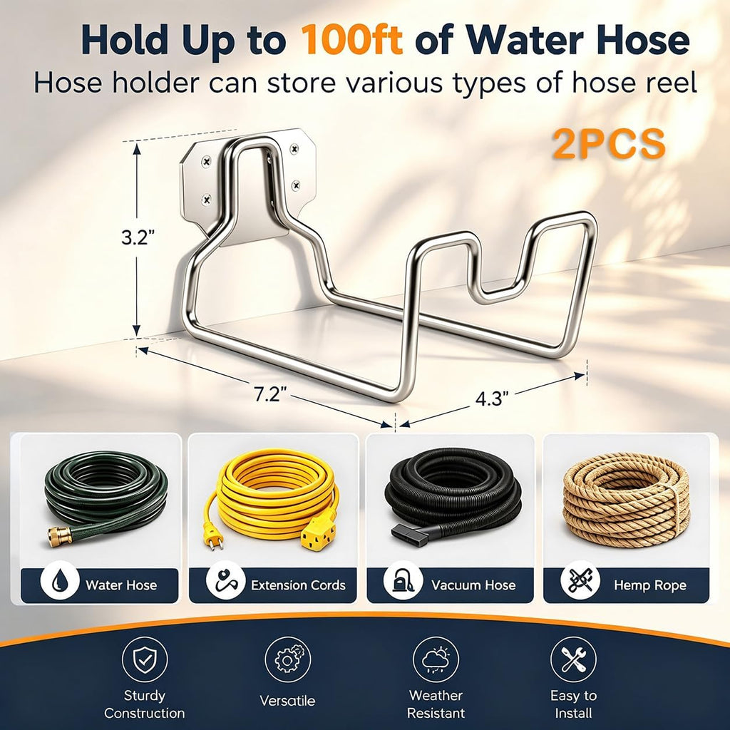 Water Hose Holder, Metal Hose Holders for Outside Garden, 2PCS | 18/0 Stainless Steel Garden Hose Holder Wall Mount