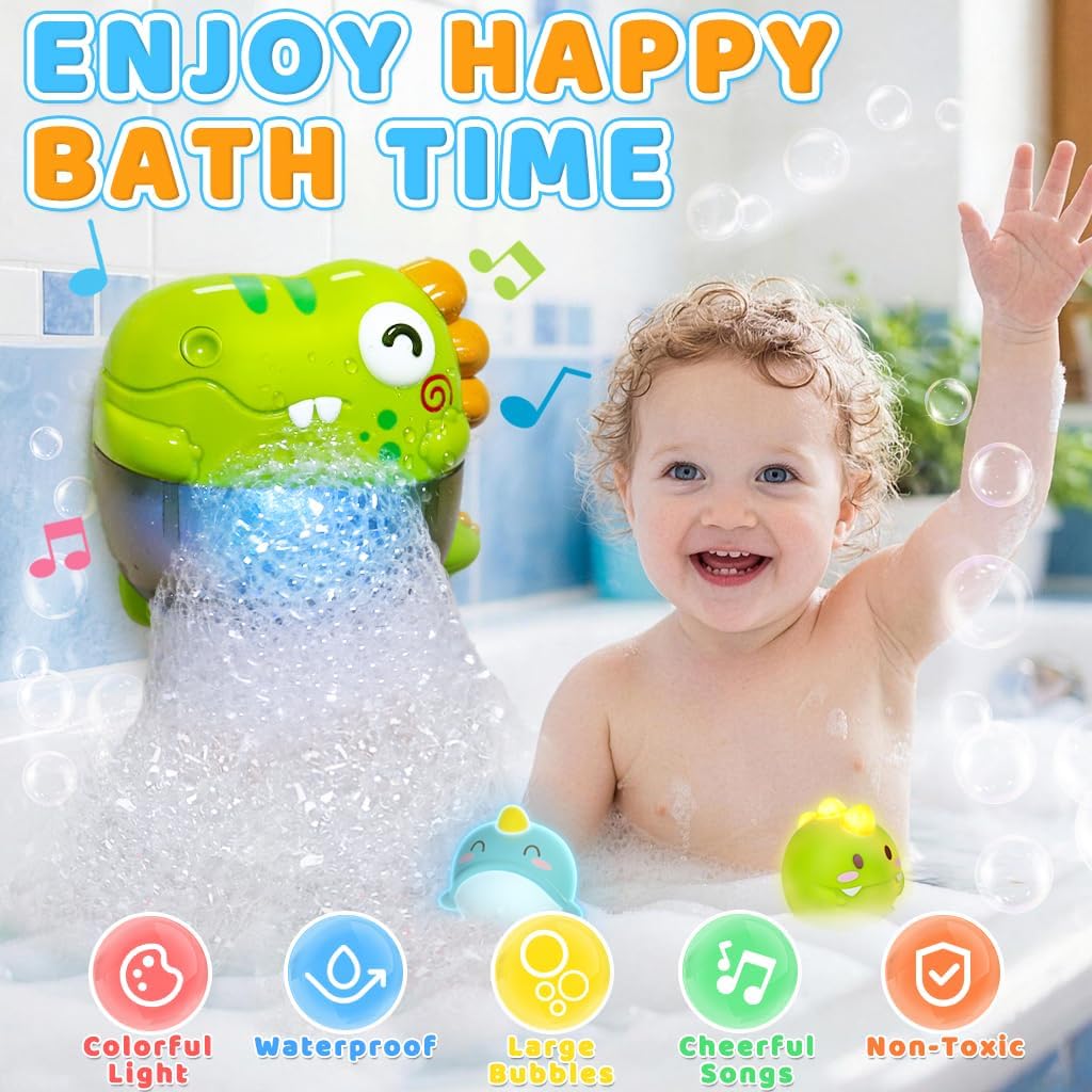 Light Up Dinosaur Bath Toys for Kids Ages 3-5 4-8, Bath Bubble Machine | Musical Bubble Maker for Bathtub, Floating