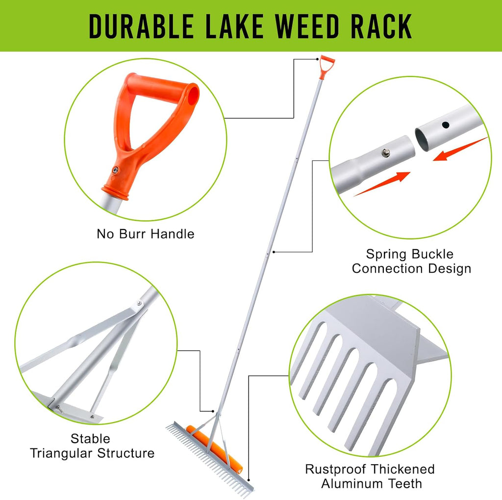 Floating Weed Lake Rake, 36 Inch Widths Pond Rake Aquatic Weed Rake, 133 Inch Extensible Multifunctional Folding