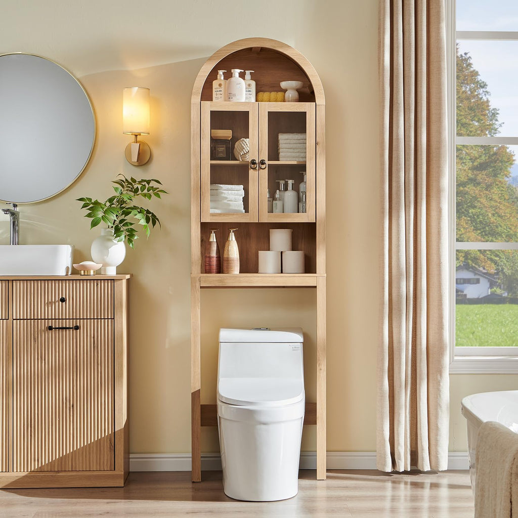Arched Over The Toilet Storage Cabinet with Acrylic Doors, Modern Over Toilet Bathroom Organizer Shelf, Small Wooden