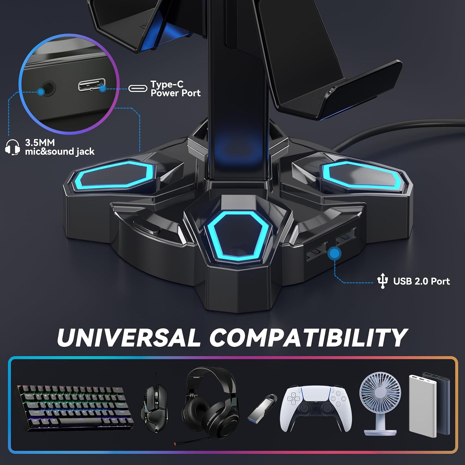 Gaming Headphones Stand, Rotatable Headset Stand with Light Modes - Controller Holder with 2 USB Charging Ports and