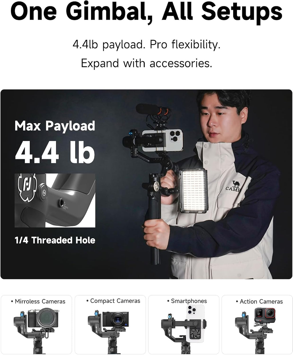 SCORP Mini 3 Kit All-in-One Gimbal Stabilizer with AI Tracking | 4.4lb Payload, Bluetooth Shutter Control, Ergonomic