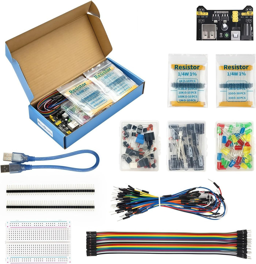 Electronics Basic Kit w/Power Supply Module, Breadboard, Jumper Wire, LED,Resistor, comes with more than 300pcs