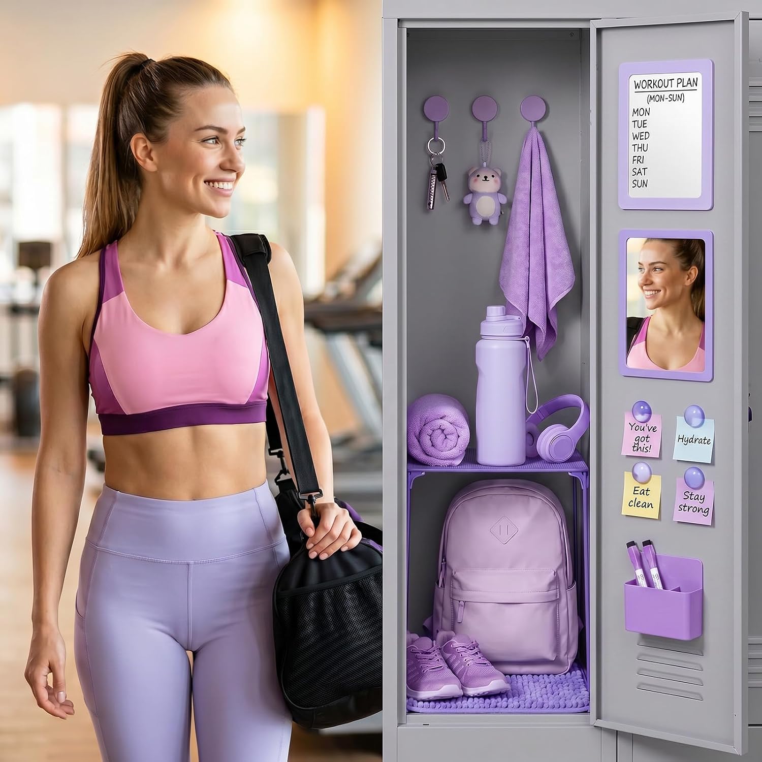 Purple Locker Organizer Accessories with Locker Shelf Whiteboard Mirror Pen Blanket Magnetic Pen Holder Hook Round