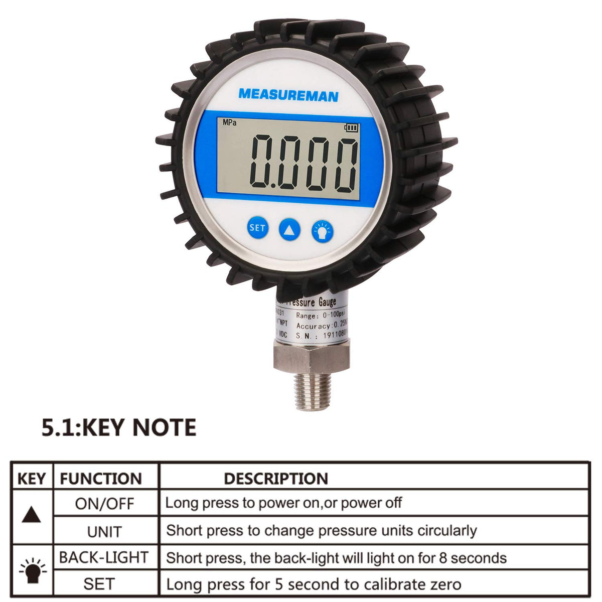 MEASUREMAN 3-1/8" Dial Size, Digital Pressure Gauge, 0-100psi/bar/Mpa/Kpa, 1/4" NPT Lower Mount, 0.25% Accuracy