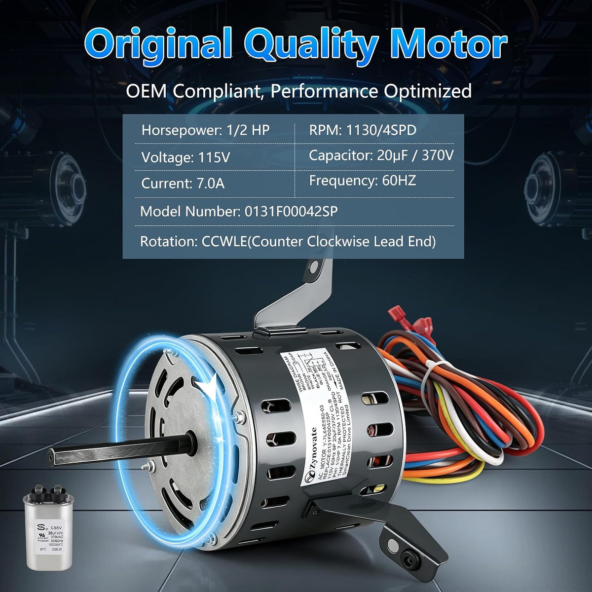 0131F00042SP Blower Fan Motor 1/2 HP 1130RPM 115V 7.0A 4-Speed Blower Motor