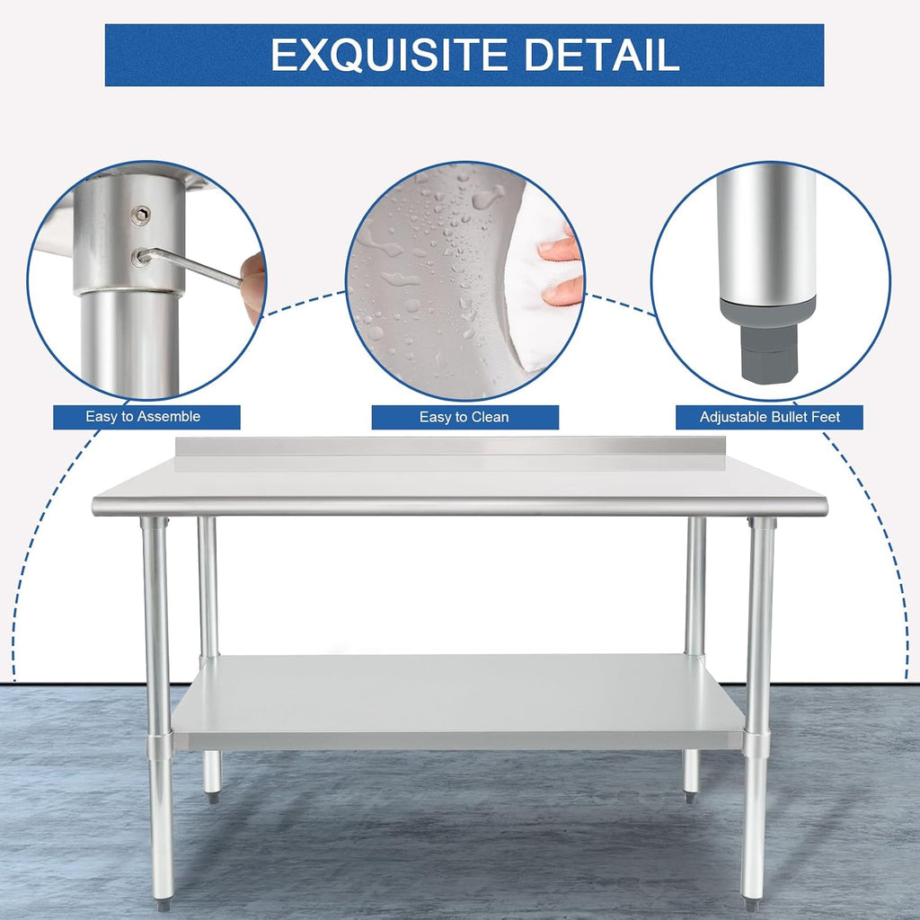 HARDURA Stainless Steel Prep & Work Table 24 x 48 Inches Backsplash