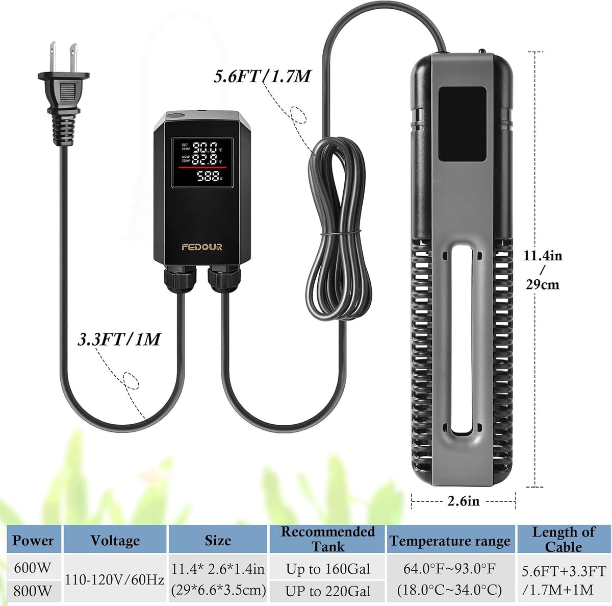 600W 800W Titanium Aquarium Heater with Digital Controller, Submersible Aquarium Heater with Overheating Protection