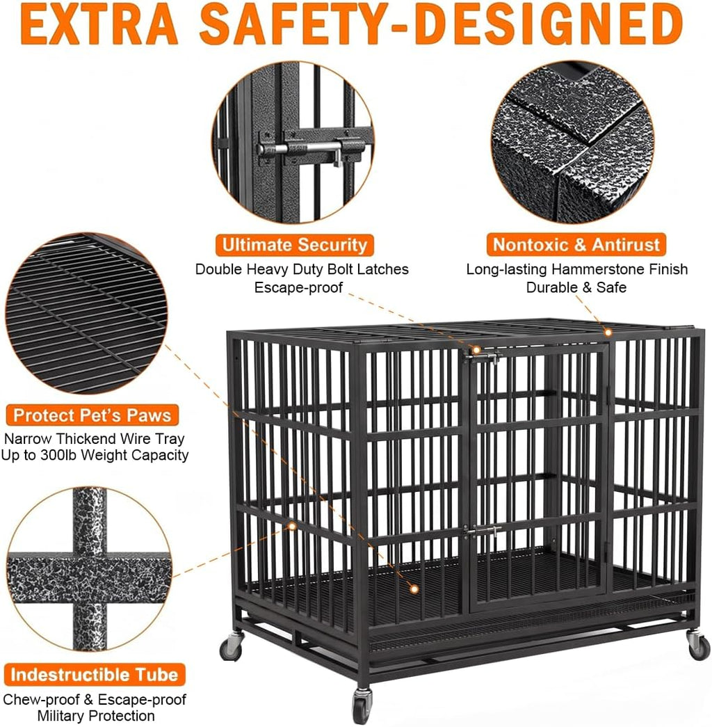 48 Inch Heavy Duty Dog Crate Cage with Wheels, Indestructible and Escape Proof Steel Kennel Indoor for High Anxiety