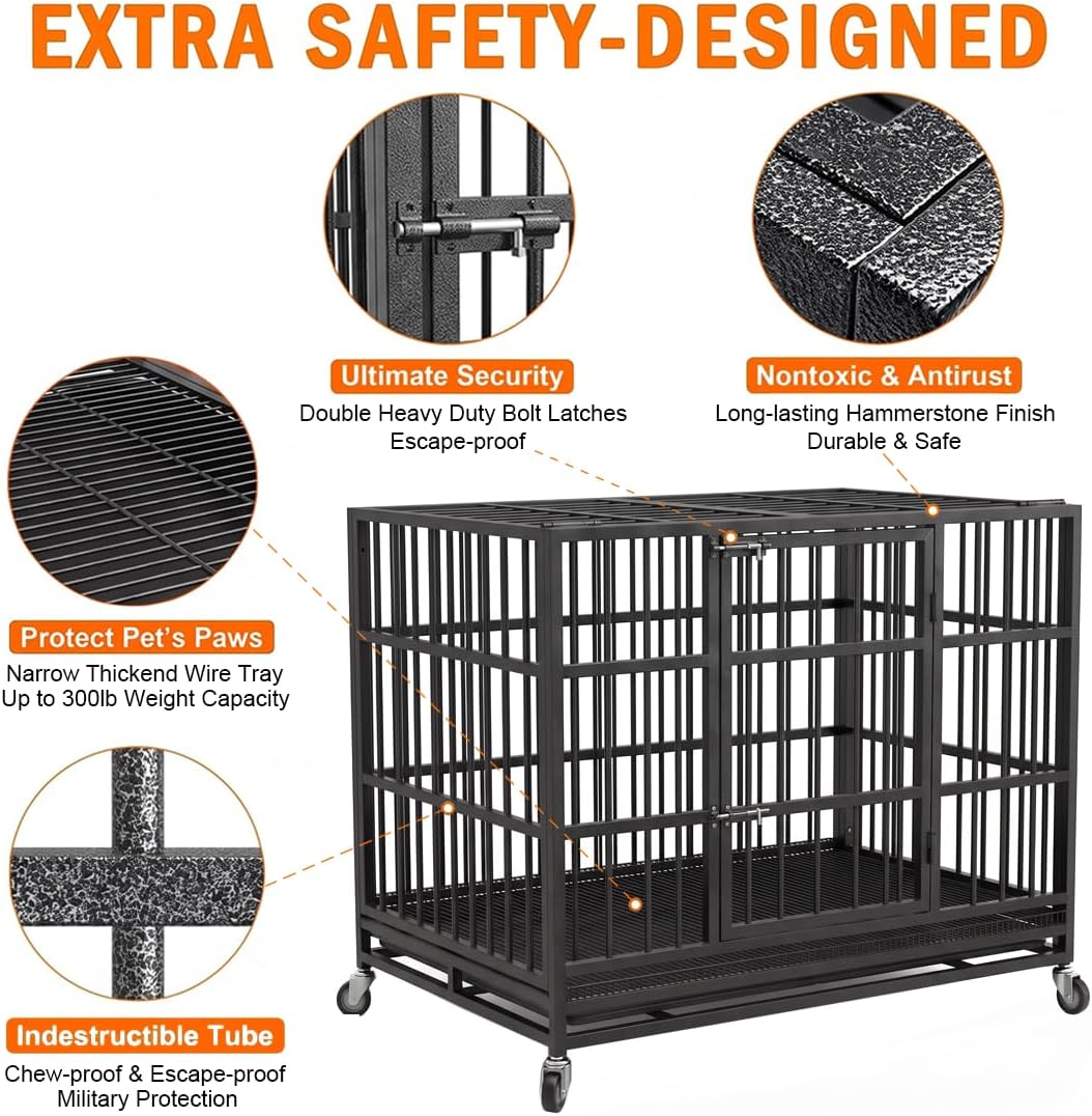 48 Inch Heavy Duty Dog Crate Cage with Wheels, Indestructible and Escape Proof Steel Kennel Indoor for High Anxiety
