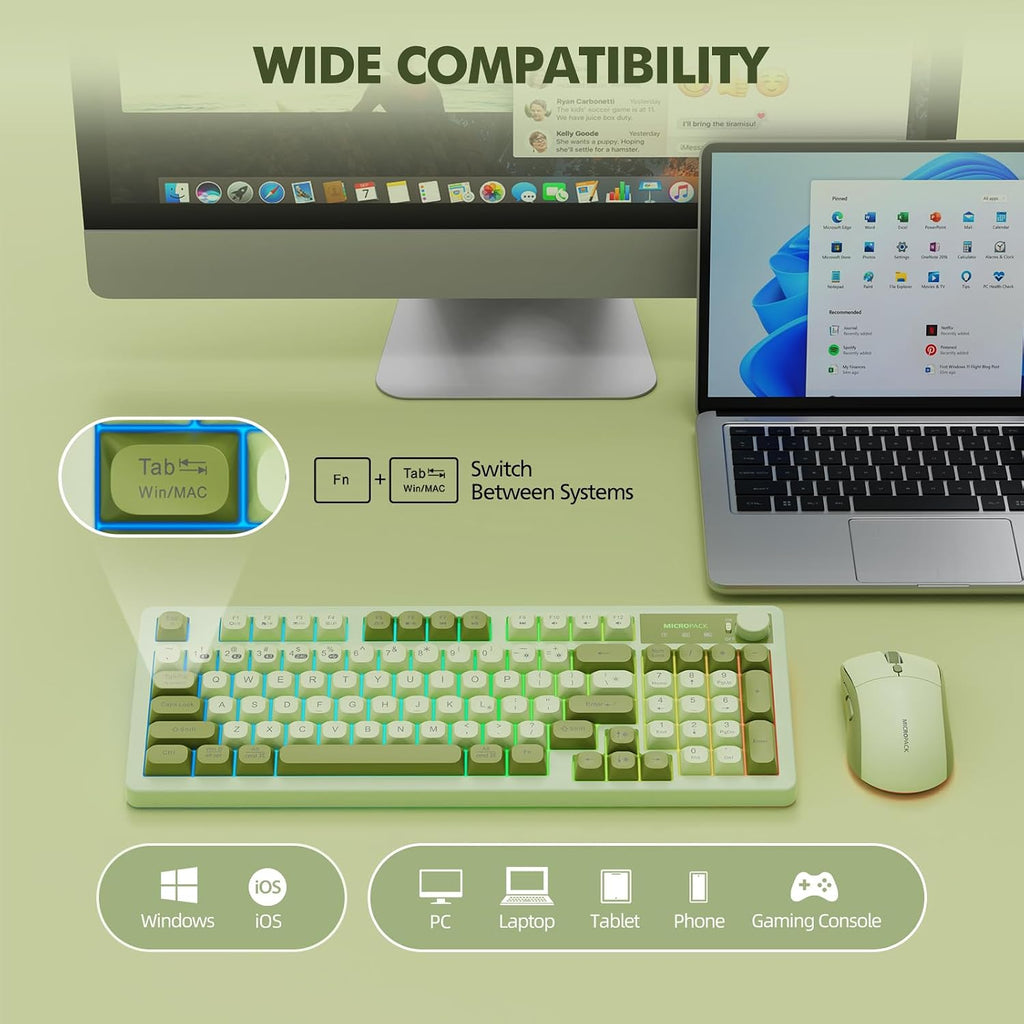 Wireless Keyboard and Mouse Combo Creamy with Number Pad for Desktop Mac iPad Bluetooth/2.4ghz/Wired Rechargeable
