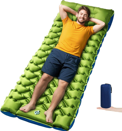 4in Ultralight Camping Sleeping Pad with Pillow and Foot Pump | Wide Compact Inflatable Camping Mat for Travel, Tent