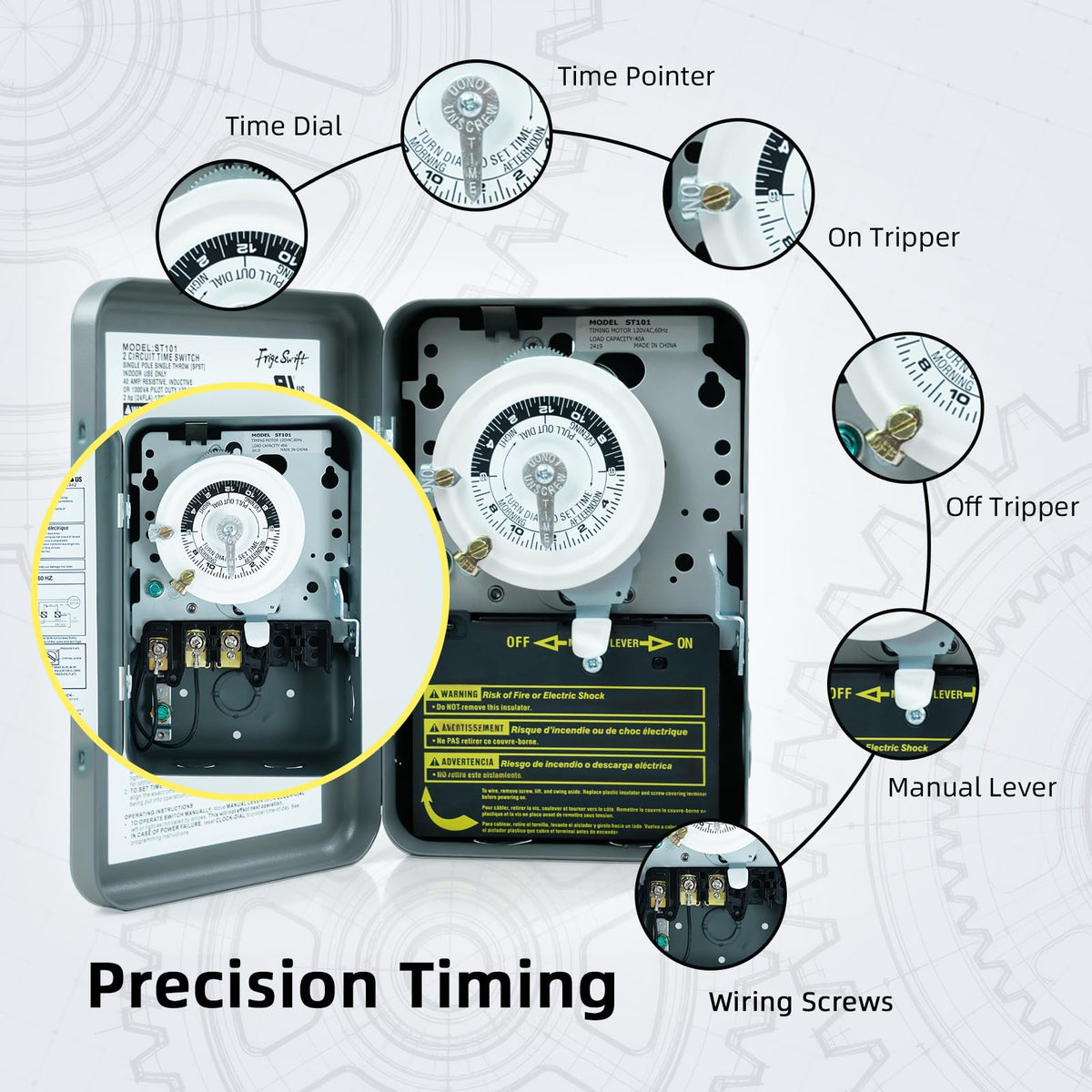 T101 24-Hour Mechanical Timer, 40 A 120V SPST Switch, 12 ON/Off Operations